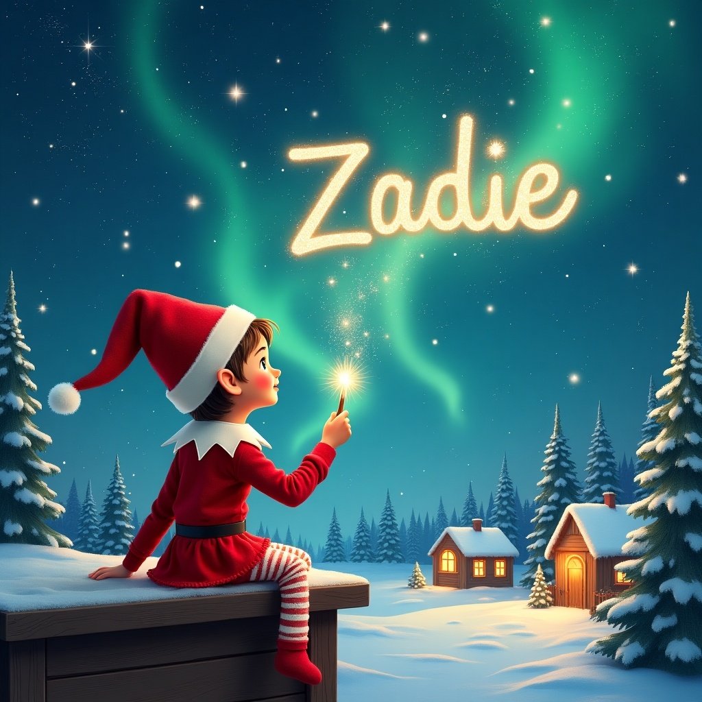 An elf sits on a wooden ledge, dressed in a delightful red outfit with a pointed hat. The elf gazes up at a magical sky filled with shimmering Northern Lights, holding a sparkling wand. With the wand, it writes the name 'Zadie' in the starry sky, creating a sense of wonder. The landscape below showcases a snowy scene with charming houses and evergreen trees. The atmosphere radiates warmth and cheer reminiscent of childhood dreams. As a final flourish, the elf elegantly adds the names 'Madison' and 'Matteo' in the same enchanting backdrop, enhancing the magical feeling.