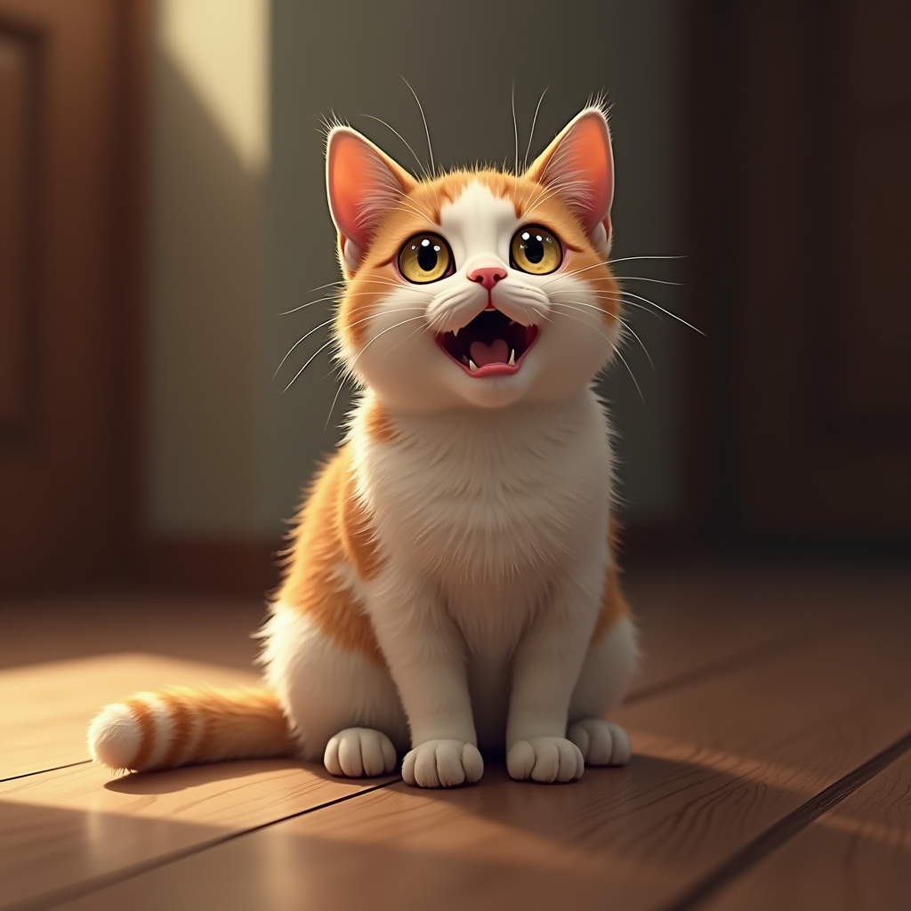 A small, animated-looking orange and white kitten sits on a sunlit wooden floor, gazing up with wide, expressive eyes and an open mouth.