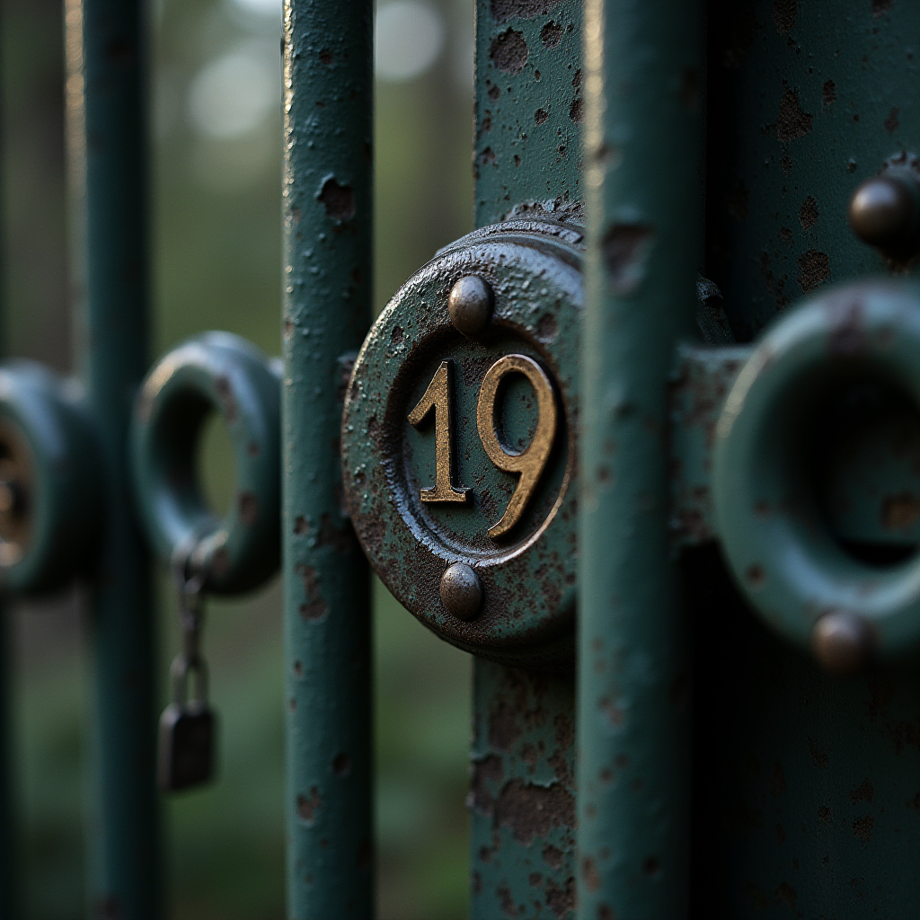 The image showcases a close-up view of a metal gate with a prominently displayed number '19'. The gate features a weathered, greenish-blue patina, adding a rustic yet charming appearance. The number '19' is embossed in brass or similar metallic material, providing a striking contrast against the aged surface. Some elements of the gate are circular in design, contributing to an aesthetically pleasing composition. The background is slightly blurred, suggesting a setting likely in a garden or park, as indicated by the hint of greenery. This results in a serene and mysterious ambiance, possibly hinting at an entrance to a home or a private property.