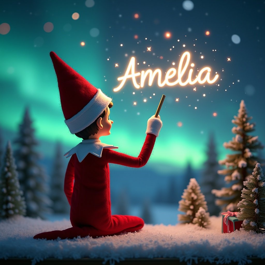 An enchanting Christmas scene featuring an elf on the shelf, who is facing the sky with his back to the viewer. The elf, dressed in red and white, wields a magic wand, writing 'Amelia' in a glowing script above him. The backdrop is adorned with vibrant northern lights, adding a magical ambiance. The scene is festive, portraying the spirit of Christmas with a whimsical twist. The elf's position and action create a sense of wonder and excitement that captures the joy of the holiday season. It is elegantly writing the names Scarlett and Charlie in sparkling letters against the backdrop.