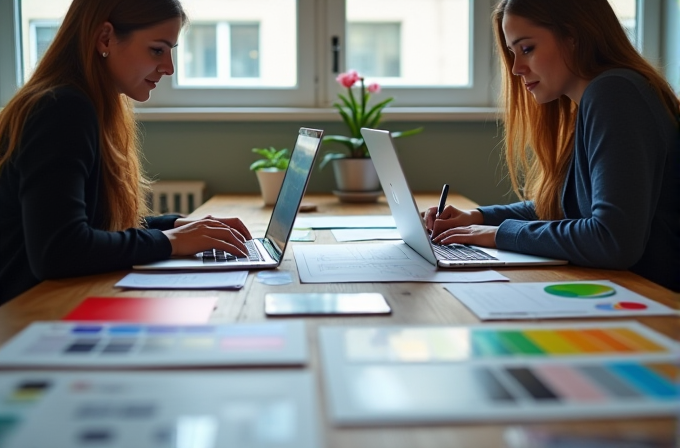 Two women work at laptops with colorful charts and plants on the table.