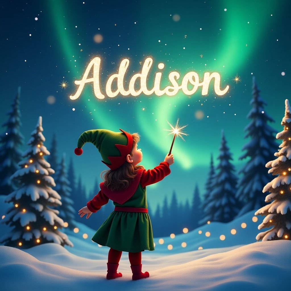 A child dressed as an elf stands with their back to the viewer, gazing up at the night sky. They hold a wand, using it to create the name 'Addison' in the air, surrounded by sparkles. The scene is set in a winter landscape, featuring snow-covered trees and twinkling lights. The sky is illuminated by beautiful northern lights, creating a magical atmosphere. The entire composition exudes a cheerful and festive vibe, perfect for the holiday season.