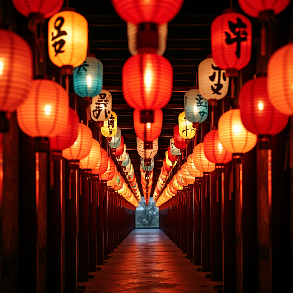 The image features a vibrant corridor lined on both sides with hanging lanterns, primarily in shades of red and orange. The lanterns illuminate the hallway with a warm, glowing light, creating an inviting and serene atmosphere. Some lanterns bear intricate designs and characters, adding a traditional and cultural aesthetic to the scene. The corridor's symmetry, combined with the bright lanterns, directs the eye toward the vanishing point in the distance, emphasizing perspective and depth.