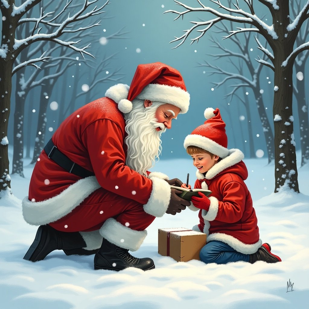 In a snowy forest, Santa Claus kneels beside a cheerful child. Both are dressed in bright red winter attire, radiating festive vibes. Santa is writing in a book, and the child excitedly watches. Snowflakes gently fall around them, creating a magical atmosphere. The scene captures the essence of Christmas spirit, joy, and wonder for children.