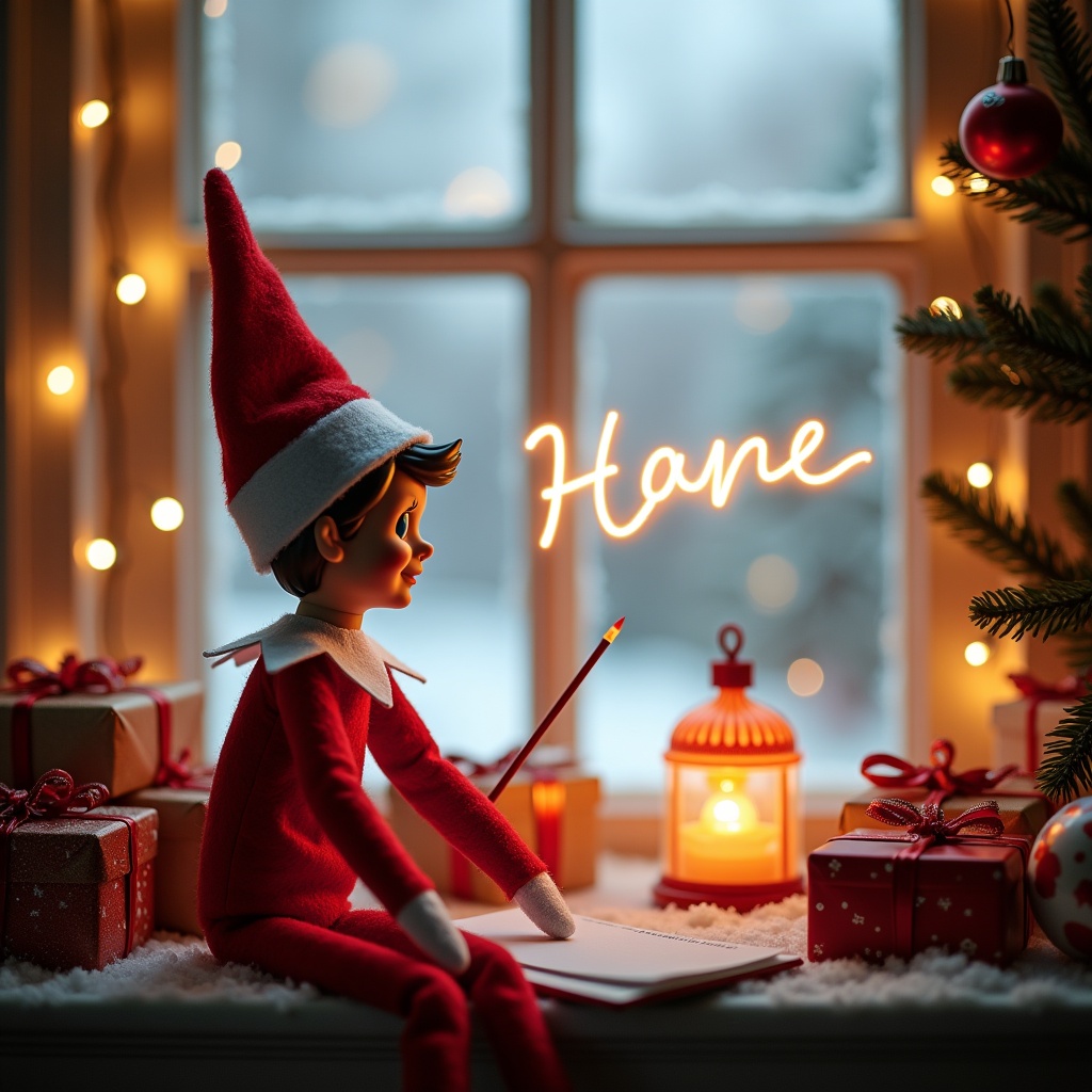 This enchanting scene captures the spirit of Christmas with a delightful elf. She is dressed in a vibrant red outfit complete with a charming elf hat, embodying festive cheer. Seated by a frosty window, she is surrounded by beautifully wrapped presents and twinkling lights. The elf is using a magical wand to write a name in the air, adding a sprinkle of magic to the moment. The backdrop features soft snowflakes outside, enhancing the cozy winter vibe inside. The warm glow from the lantern and lights creates a welcoming atmosphere, perfect for the holiday season.