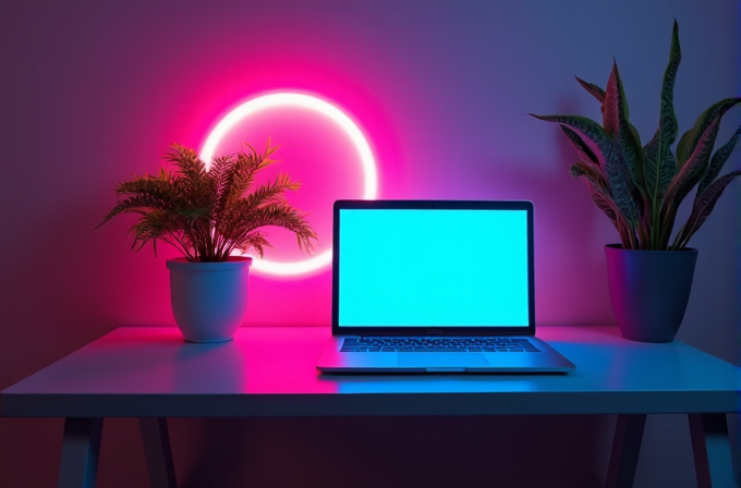 A laptop sits on a table with a neon pink circle light and two potted plants.