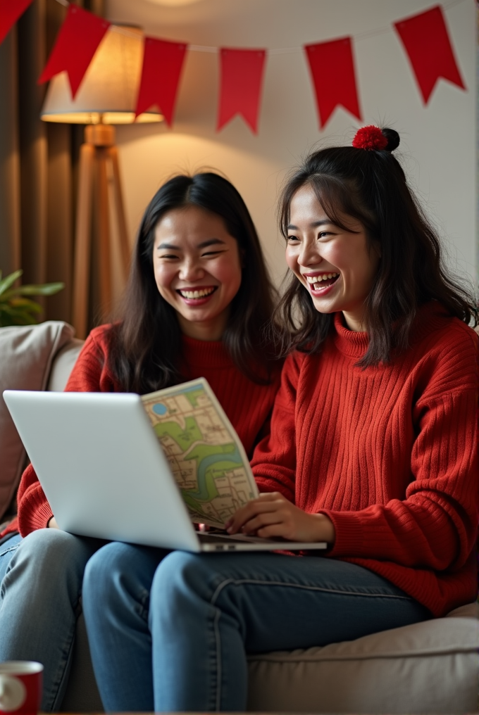 Two friends in red sweaters enjoy looking at a map while using a laptop at home, with festive decor in the background.