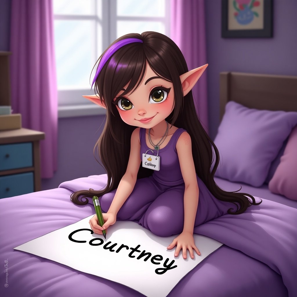 A female elf with brunette hair and purple streaks sits on a purple bed in a girl's room. She is writing the name 'Courtney' on a large piece of paper placed on the floor. The elf is smiling and has a name tag that reads 'Calliope'. The room is decorated in shades of purple, creating a whimsical and cozy atmosphere. She embodies a cheerful and imaginative spirit, inviting viewers into a fantasy world. The soft lighting enhances the warm and inviting feel of the scene.