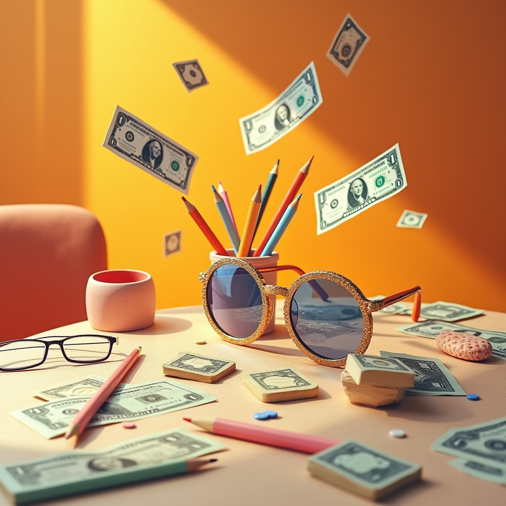 Sunglasses and pencils on a table surrounded by floating dollar bills.