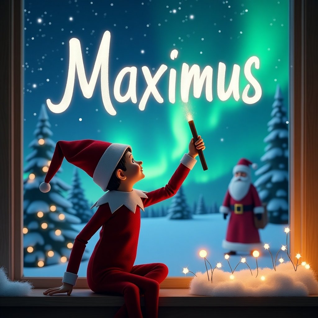 An enchanting Christmas scene featuring an elf on the shelf. The elf is seated with its back facing the viewer, looking up at the sky. It uses a magic wand to elegantly write the name 'Maximus' in glowing letters above. In the background, a beautiful display of northern lights illuminates the night sky. A jolly Santa Claus can be seen in the distance, adding to the whimsical holiday atmosphere. The overall setting is festive and magical, filled with the spirit of Christmas.