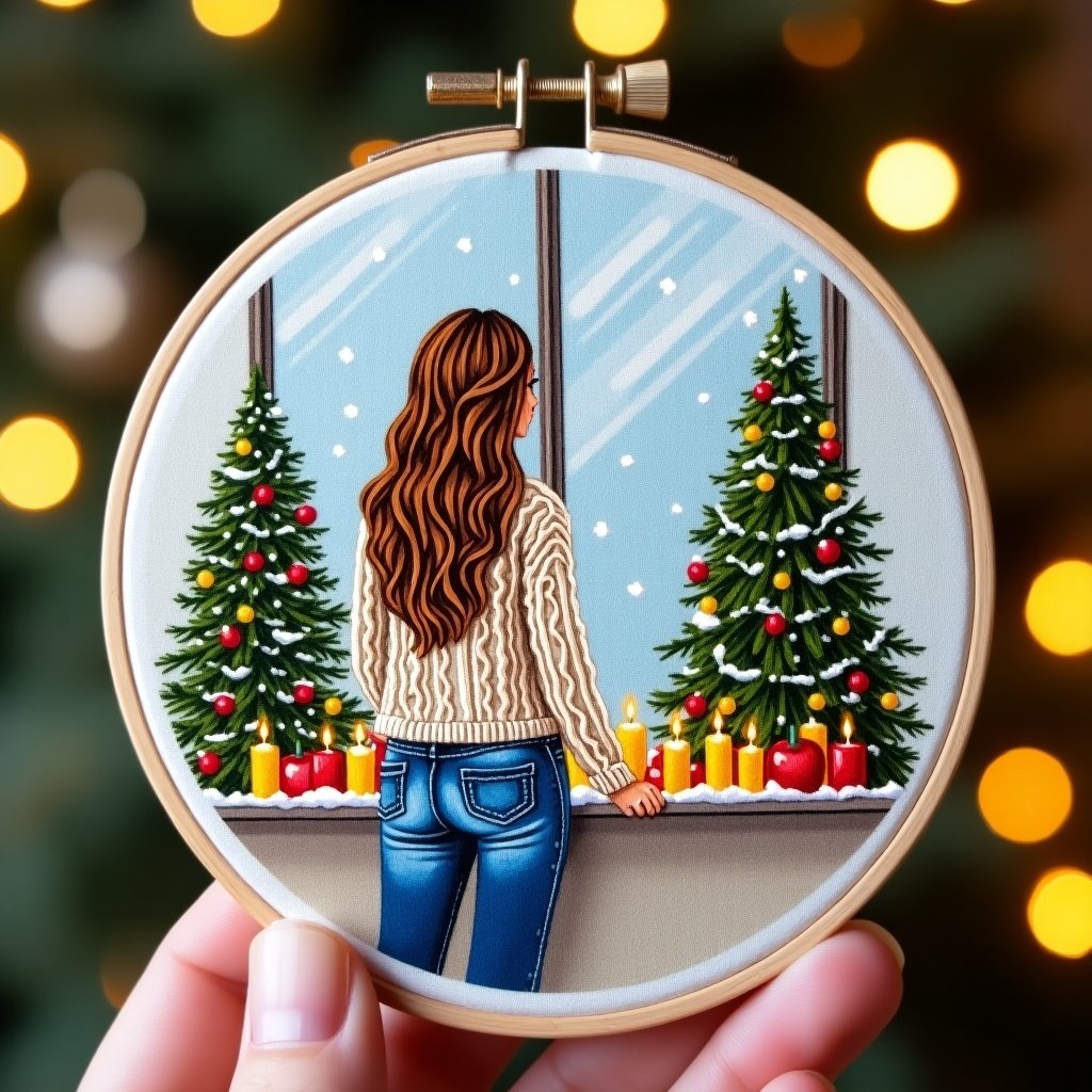 This image features an embroidery hoop showcasing a winter scene embroidered in fine detail. A woman with long wavy hair, dressed in a cable-knit sweater, gazes out a frosted window. Snowflakes gently fall outside, beyond two decorated Christmas trees with red and gold ornaments. On the windowsill, candles burn warmly, adding to the festive feel. Soft fairy lights frame the hoop, enhancing the cozy ambiance. The background softly fades, ensuring the focus remains on the beautiful stitching and joyful holiday elements.