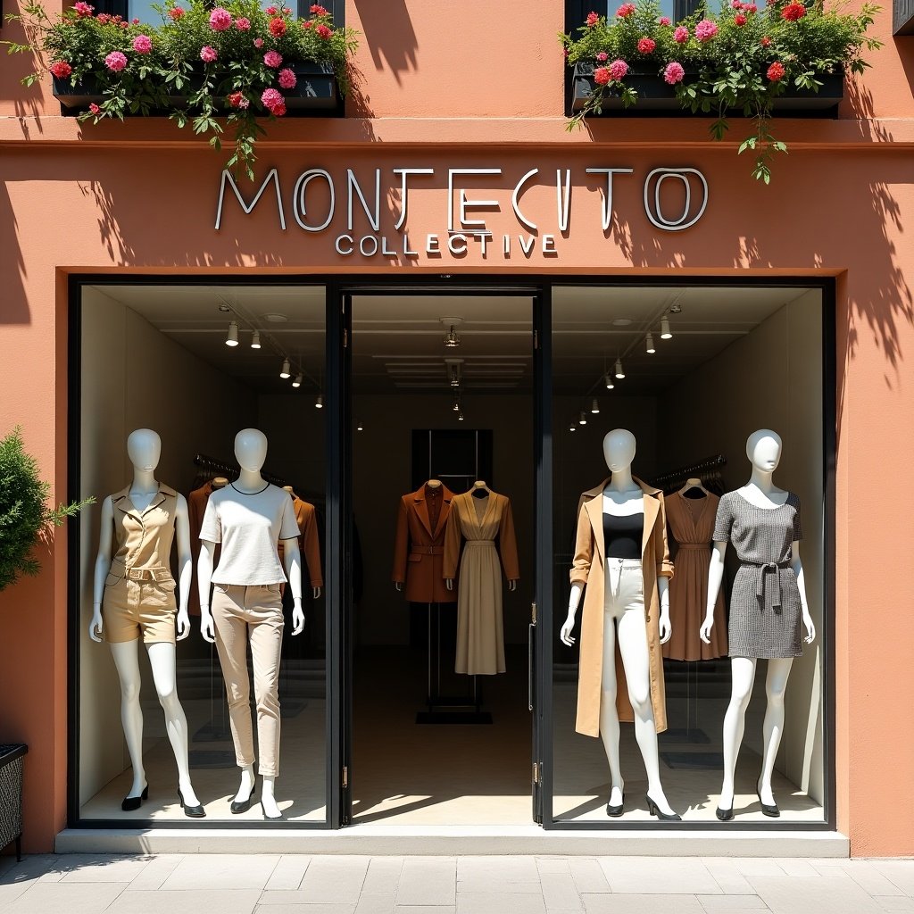 This image showcases a stylish fashion store with the name 'MONTECITO COLLECTIVE.' The window display highlights elegantly dressed mannequins showcasing a variety of women's new outfits. The storefront is inviting, featuring a terracotta facade adorned with colorful flowers and plants. Bright natural sunlight illuminates the scene, enhancing the details of the clothing. This appealing daytime setting is a representation of modern fashion retail and the essence of contemporary style.