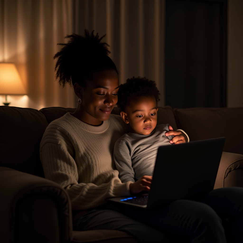 A woman and a child sit together on a couch, looking at a laptop screen in a cozy room with warm lighting.