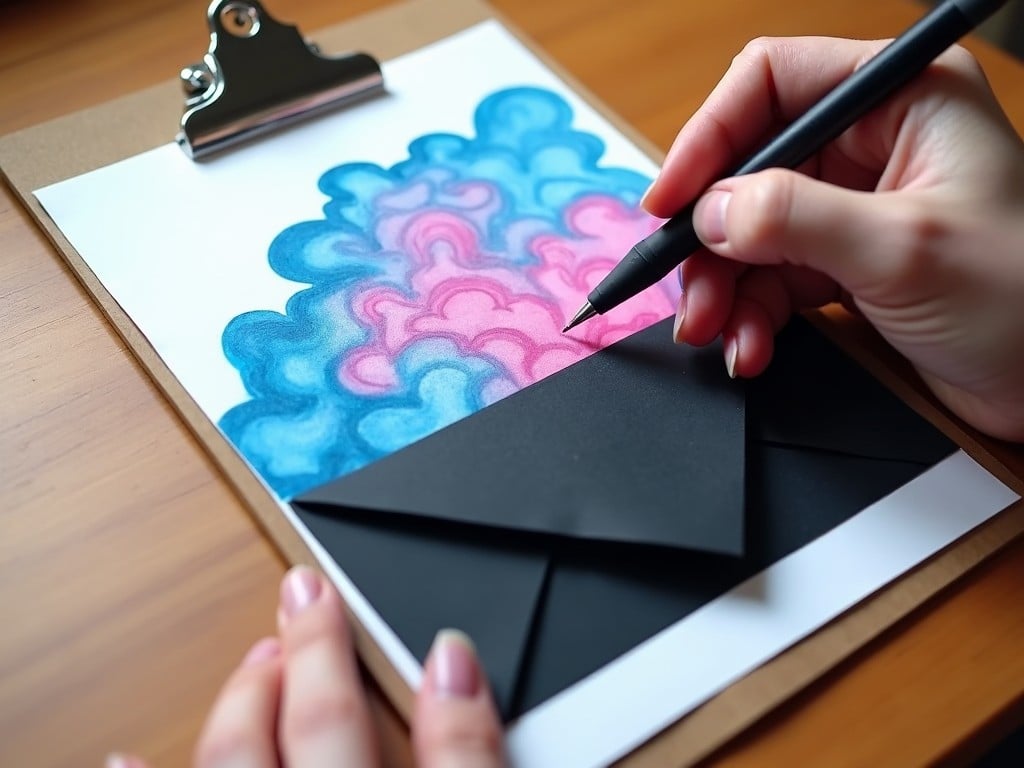 A hand is skillfully coloring a geometric abstract design on a clipboard, using a pen on a wooden table. The top half of the image has a swirling, abstract design with blue and pink hues, resembling fluid painting with soft, cloud-like shapes. The bottom half is a darker, solid section featuring angular geometric patterns, similar to folded black paper. This creates a striking contrast between the vibrant, light colors above and the structured darkness below. The overall composition conveys a feeling of fluidity meeting structure, showcasing the artistic process.