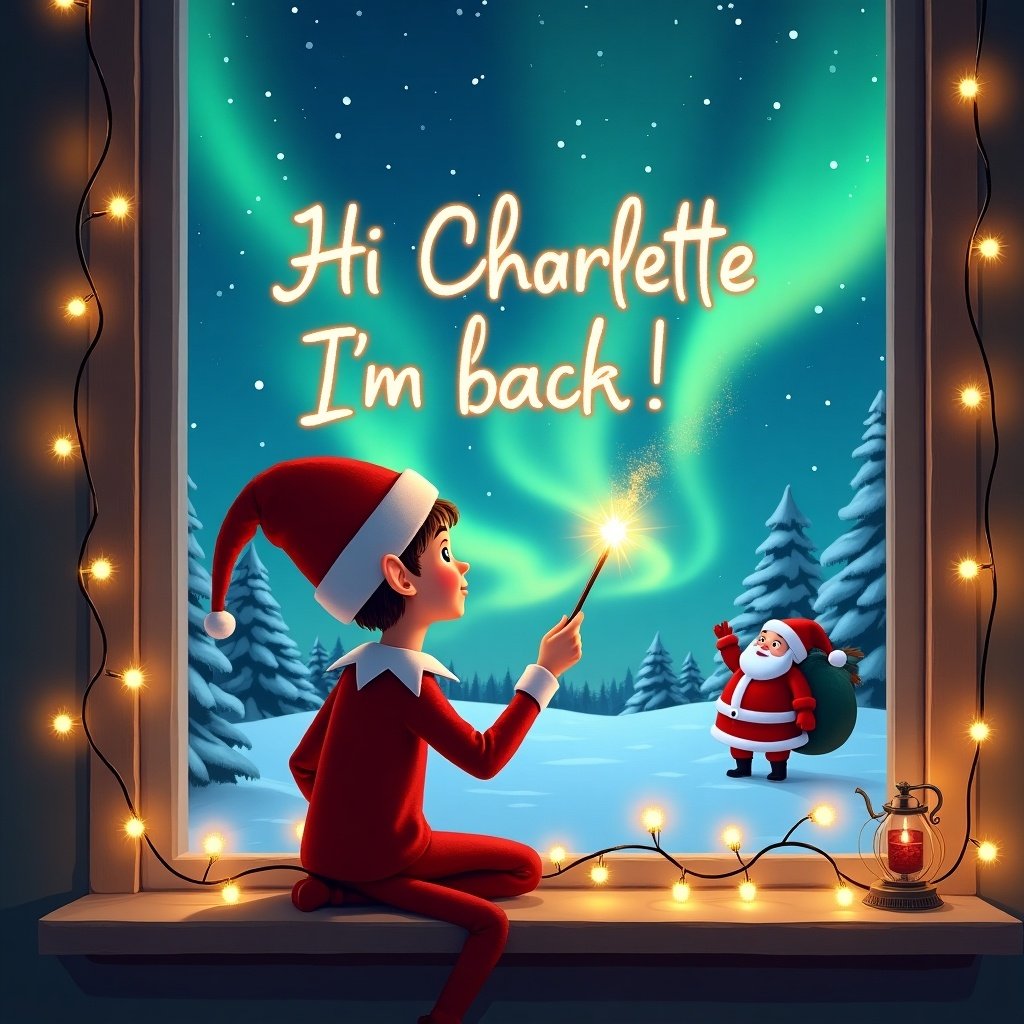 This illustration features an elf on the shelf, depicted with his back facing the viewer, sitting beside a window. He is gazing joyfully at the night sky, using a shimmering wand to write 'Hi Charlotte I'm back!' in the air. The window leads to a magical winter scene filled with northern lights and a cheerful Santa in the distance. The atmosphere is cozy and festive, enhanced by twinkling fairy lights around the window. The overall mood captures the joy and enchantment of the Christmas season, inviting viewers into a whimsical holiday experience.