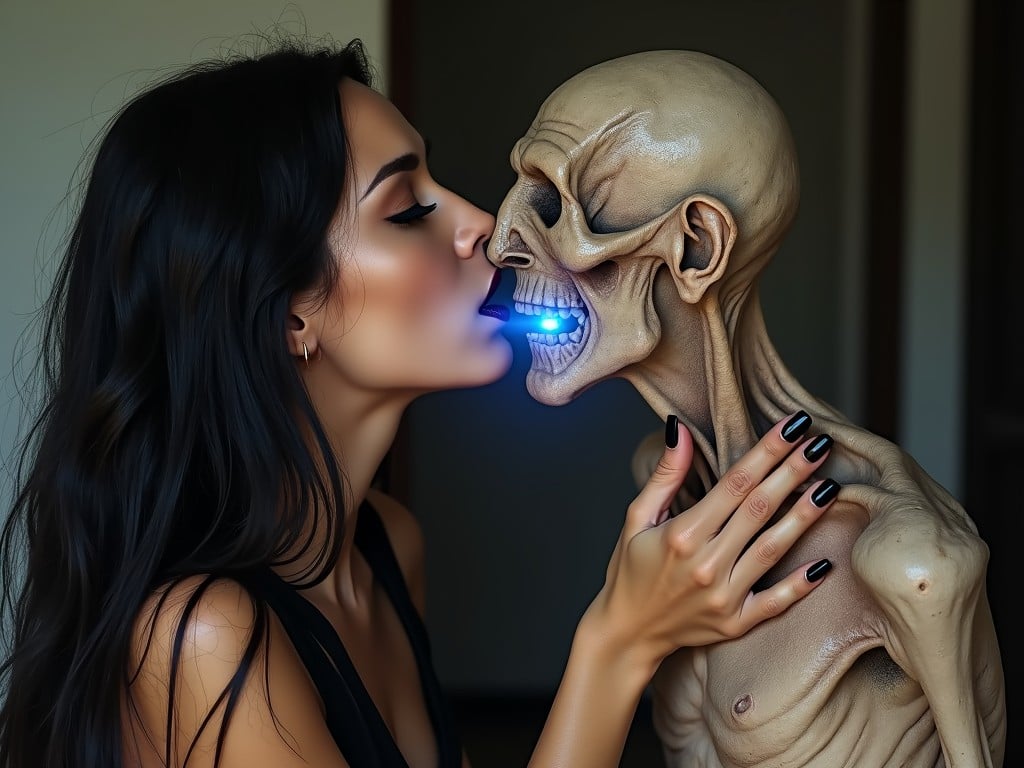 In this surreal image, a woman with flowing dark hair and polished nails kisses a skeletal creature with glowing blue teeth. The contrast between the vivid, lifelike woman and the otherworldly, decayed figure evokes a mix of curiosity and eeriness. The gentle touch of the woman's hand on the creature's shoulder adds a humanizing element to this supernatural interaction.