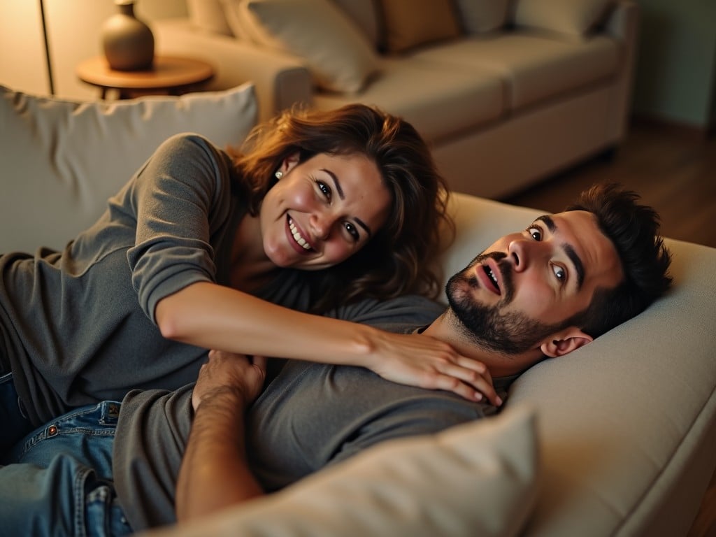 The image shows a concerned woman helping a man who appears shocked or overwhelmed while lying on a couch. The man has a startled expression, suggesting he may have experienced an unexpected health scare or emotional moment. The woman, appearing supportive and attentive, is reaching out to him. The overall atmosphere conveys urgency and care. The background is simple, allowing focus on their expressions and body language.