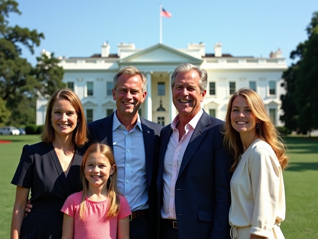 A family poses in front of the White House under bright skies. The members include adults and children, all smiling and dressed smartly. The iconic architecture of the White House serves as a stunning backdrop. The scene captures a joyful moment, emphasizing unity and historic significance. This image represents a blend of family values and political heritage, showcasing the Bush family.