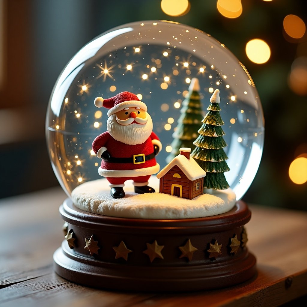 The image features a charming snow globe displaying Santa Claus standing next to a tiny house and evergreen trees. Within the globe, sparkling snowflakes add a magical touch. The base of the globe is adorned with decorative stars, creating a cozy holiday vibe. Warm, soft lighting enhances the festive atmosphere. This scene is set against a backdrop of blurred Christmas lights, evoking the spirit of the season.