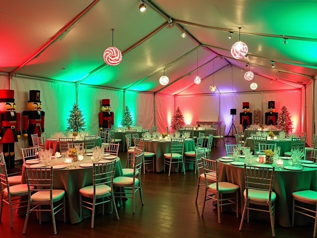 This image captures the festive atmosphere of a holiday event set up under a large tent. Round tables are elegantly decorated with glassware and centerpieces. At the back, tall nutcracker figures add a whimsical touch. The colors scheme features vibrant green and red lights, enhancing the holiday spirit. The overall setup is inviting and perfect for Christmas celebrations.