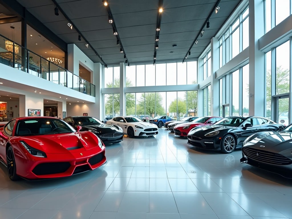 The image depicts a luxurious car showroom filled with high-end sports cars and luxury vehicles. Prominently featured is a red sports car at the forefront, surrounded by various models including black, white, and silver cars. The showroom is spacious with large glass windows allowing ample natural light to illuminate the interior. The sleek design of the cars accentuates their beauty and class. This setting represents the epitome of automotive luxury and style, ideal for attracting car enthusiasts and potential buyers.