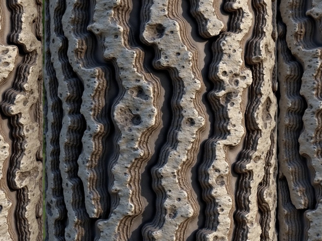 This image showcases a seamless and highly detailed tree trunk texture. The bark features rough, rugged surfaces with deep grooves and cracks. It appears thick and aged, adorned with natural imperfections like knots and splits. A mix of dark and light browns, accented with hints of gray, adds depth to the image. This texture is ideal for use in close-up nature scenes or creating realistic environments.