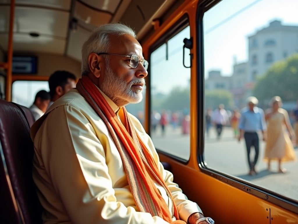 A contemplative elderly man with glasses and a white beard, wearing traditional Indian attire, sitting on a bus looking out of the window at a busy street scene.