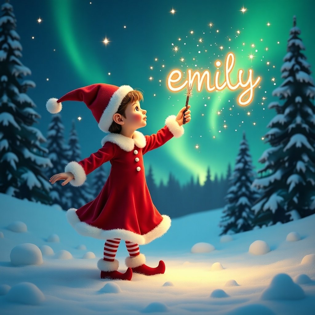 The scene features a charming elf dressed in a vibrant red outfit with a pointed hat. She gracefully holds a sparkling wand, creating a magical atmosphere. The background showcases a snowy landscape filled with evergreen trees, illuminated by the shimmering Northern Lights. The whimsical setting captures the joy and magic of childhood during the Christmas season. The elf continues to elegantly write the name 'Emily' amidst the stars, enhancing the magical experience.