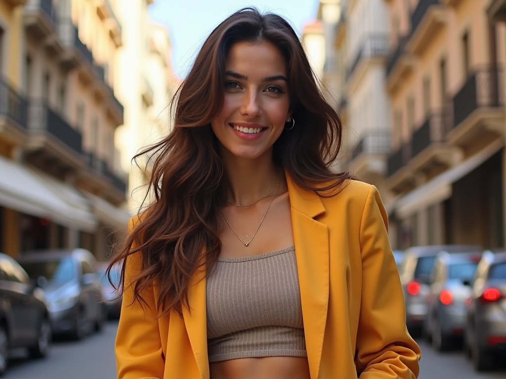 This image showcases a beautiful Tunisian girl exuding charm and confidence while wearing a fashionable outfit. She is dressed in a masculine style with a bright yellow blazer complementing her casual beige top. The backdrop features a lively urban street scene, enhancing the fashion vibe. With her long, wavy hair and pleasant smile, she draws the viewer's attention. The overall look is chic and trendy, appealing to modern fashion sensibilities.