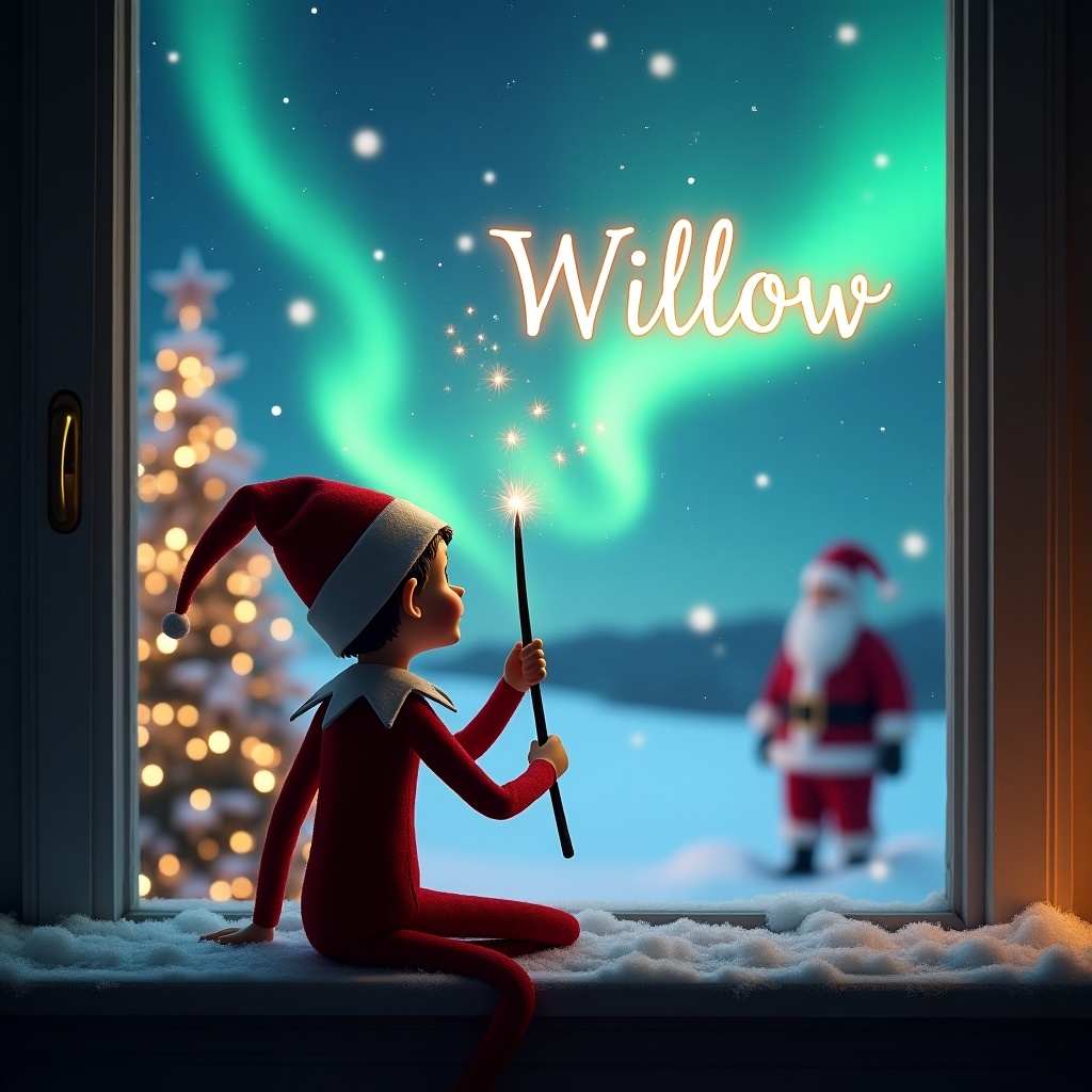 An enchanting Christmas scene features an elf on the shelf with his back to the viewer, gazing up at a magical sky. The elf is using a wand to elegantly write the name 'Willow' in the air. In the background, the landscape is illuminated by beautiful northern lights and adorned with a Christmas tree sparkling with lights. Santa Claus is visible in the distance, creating a whimsical and festive atmosphere. Snow gently covers the window ledge, adding to the cozy feel of the scene.