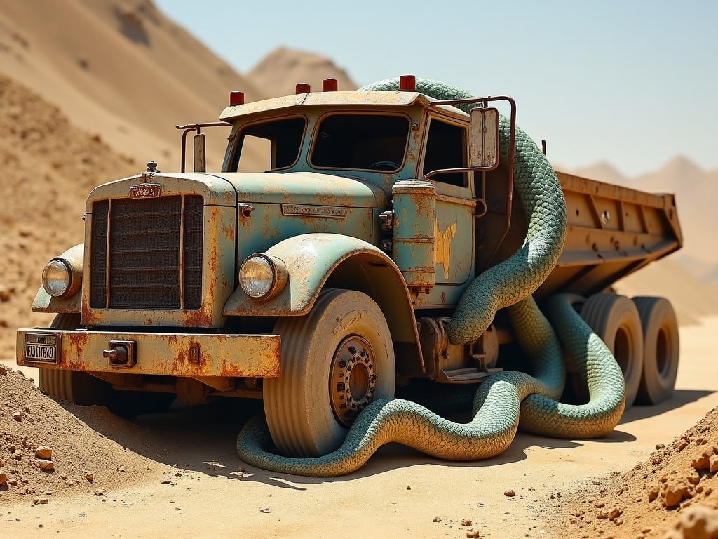 The image features a vintage truck that appears to be weathered and rusted, set in a vast desert landscape. The truck is unique in that a large snake is artistically entwined around it, giving it a surreal twist. The color palette consists mainly of muted teals and rusty oranges, creating an intriguing contrast with the sandy backdrop. The lighting is bright and unforgiving, typical of a desert environment, highlighting the textures of the truck and the snake. This artwork captures the essence of abandonment and wild nature.