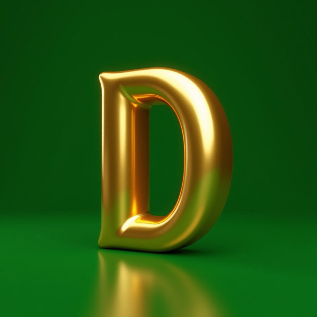 A shiny golden letter D stands on a green background.