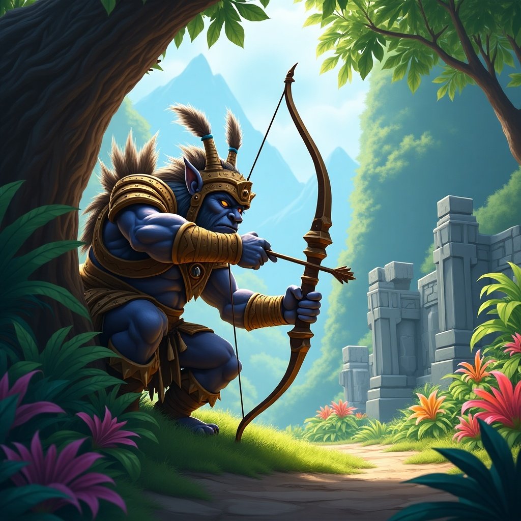 The image depicts a troll hunter from the World of Warcraft universe, skillfully aiming his bow in a lush, enchanted forest. He has a striking blue skin tone and wears intricate golden armor, reflecting his warrior status. Surrounding him are vibrant plants and ancient stone structures, hinting at a rich history. The sunlight streams through the trees, casting a warm glow on the scene, emphasizing the magical atmosphere. This setting perfectly captures the essence of adventure in a fantasy realm.