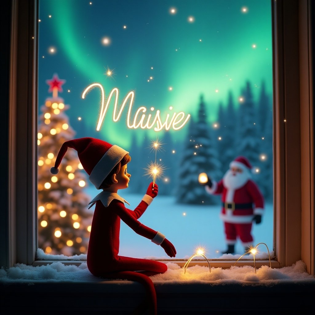 An enchanting Christmas scene captures an elf on the shelf, sitting on a window ledge. The elf is using a magic wand to elegantly write the name 'Maisie' in sparkling light. Outside, the sky is beautifully illuminated by northern lights, adding a touch of magic. In the background, there's a decorated Christmas tree radiating festive lights. Santa Claus is visible at a distance, enhancing the whimsical holiday spirit. Snow gently blankets the window ledge, creating a warm and cozy atmosphere despite the wintery setting.