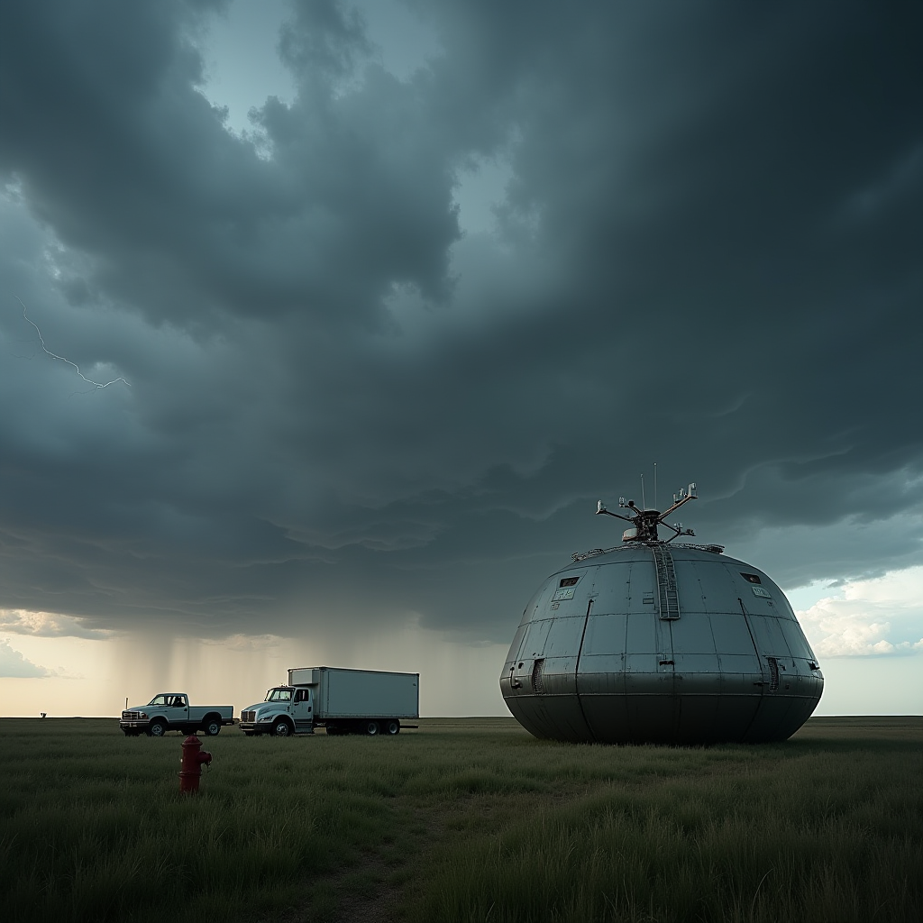 A large, round structure sits in an open field under dark, stormy skies, accompanied by two trucks and a red hydrant.