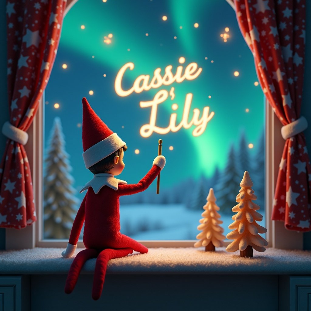 An enchanting Christmas scene featuring an elf on the shelf, who is facing the sky with his back to the viewer. The elf, dressed in red and white, wields a magic wand, writing 'Cassie' and 'Lily' in a glowing script above him. The backdrop is adorned with vibrant northern lights, adding a magical ambiance. The scene is festive, portraying the spirit of Christmas with a whimsical twist. The elf's position and action create a sense of wonder and excitement that captures the joy of the holiday season.