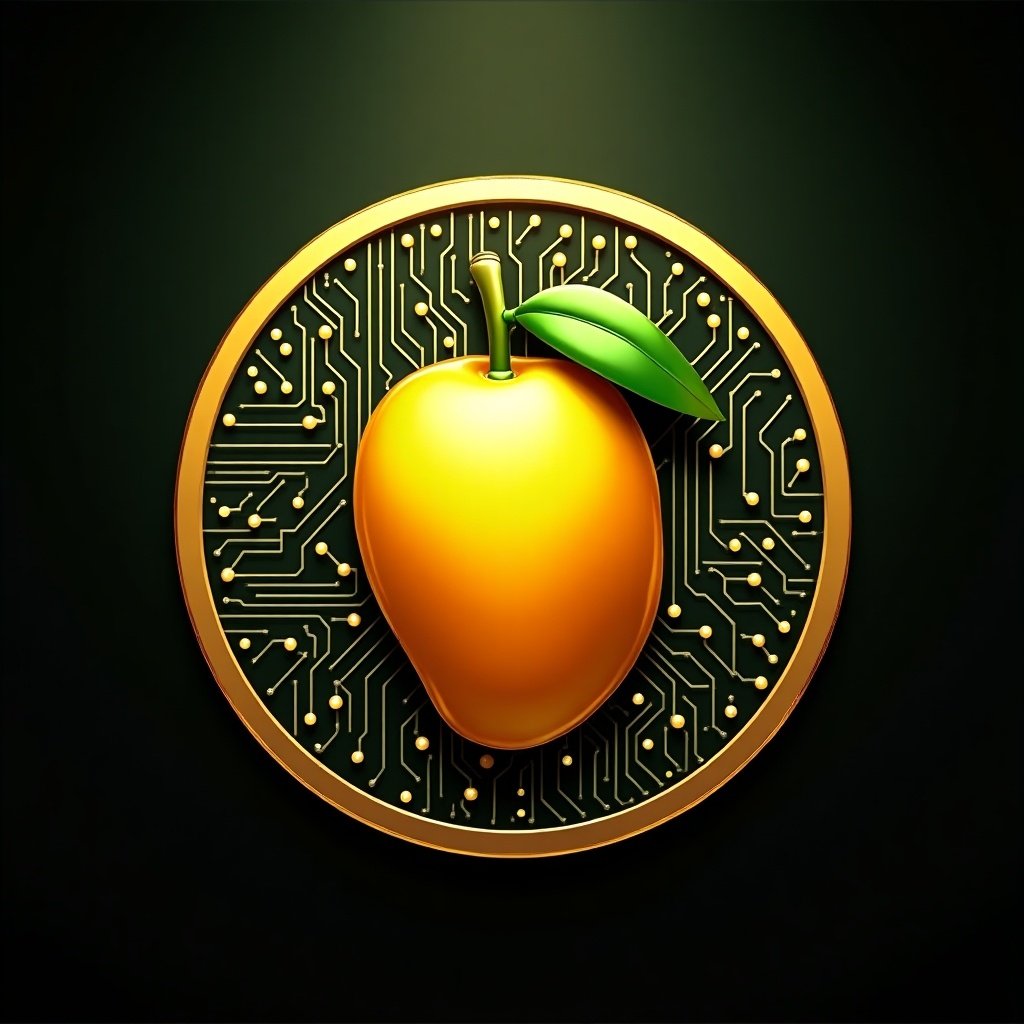 This image features a stylized mango representing a cryptocurrency, designed to resonate with the concept of digital coins like Bitcoin. The mango is prominently displayed at the center of a circular coin, symbolizing a new digital asset related to fruits or agriculture. Its vibrant yellow-orange color stands out against a black circuit board background, suggesting a connection to technology. The design integrates a green leaf on the mango to emphasize its freshness and natural origins. This logo could serve as a visual identity for innovative projects in the cryptocurrency space focusing on agricultural products.