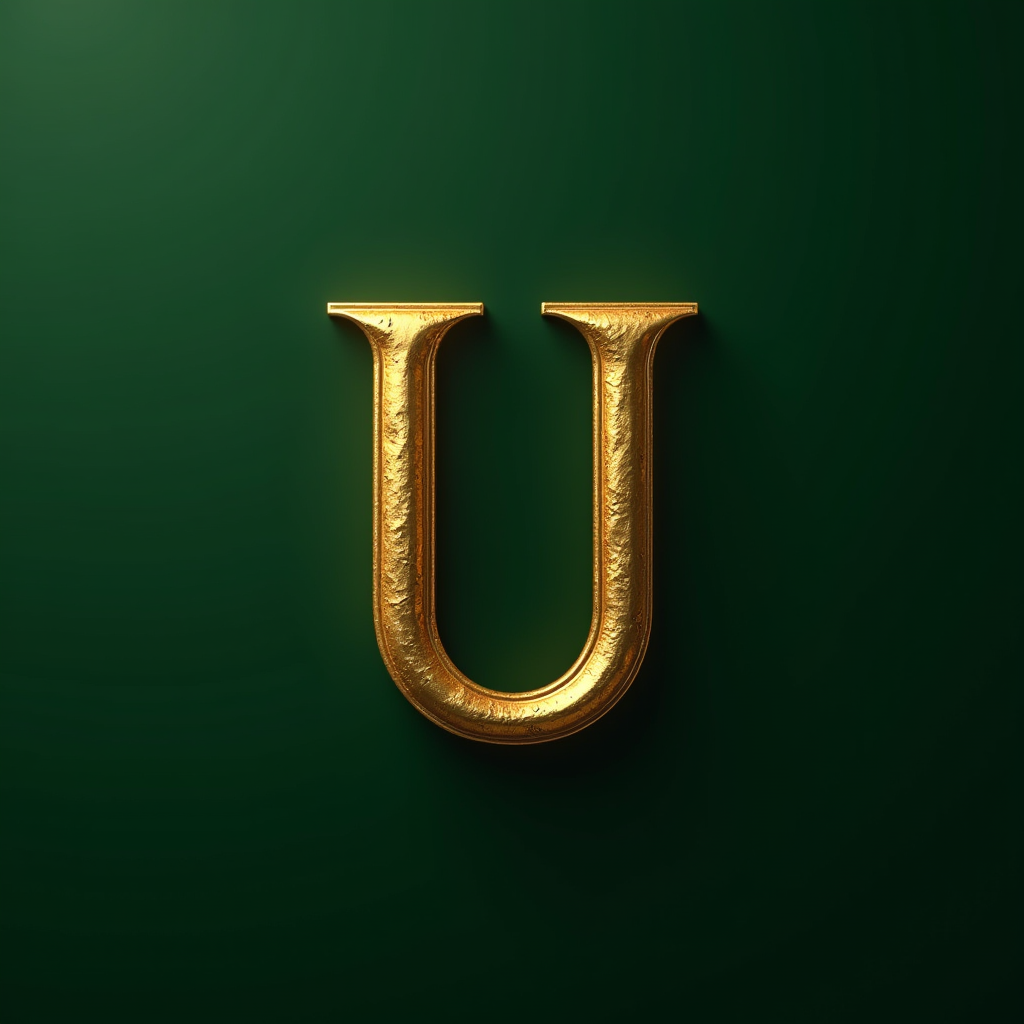 A gold letter 'U' with a textured surface on a dark green background.