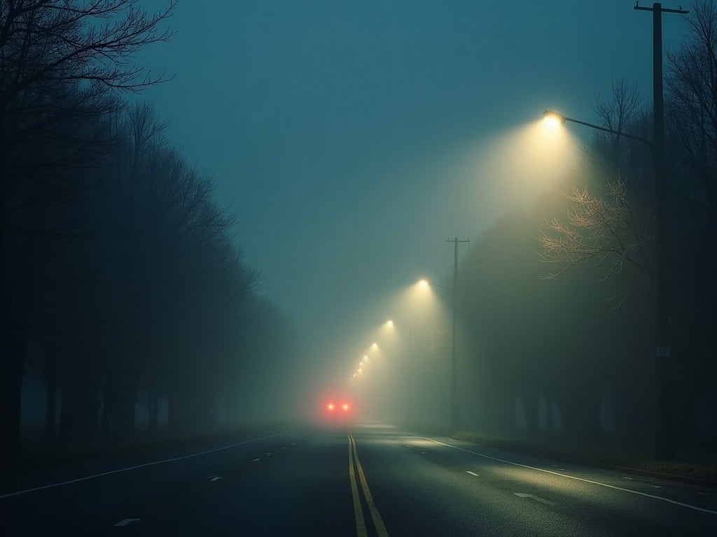 The image shows a misty, cold road that evokes a liminal space. The setting appears at night, with streetlights casting hazy glows on the pavement. The edges of the street are lined with trees, their forms slightly obscured by the mist. The night sky is overcast, adding to the chilly, eerie atmosphere. Sparse traffic suggests quiet and solitude, enhancing the surreal and transitional feel of the scene.