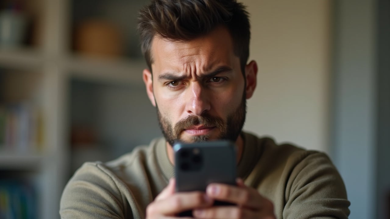 The image captures a man deeply focused on his smartphone, exhibiting a thoughtful or concerned expression. He is indoors, with a softly blurred background suggesting a home environment. The lighting is gentle, enhancing the intense concentration on his face.