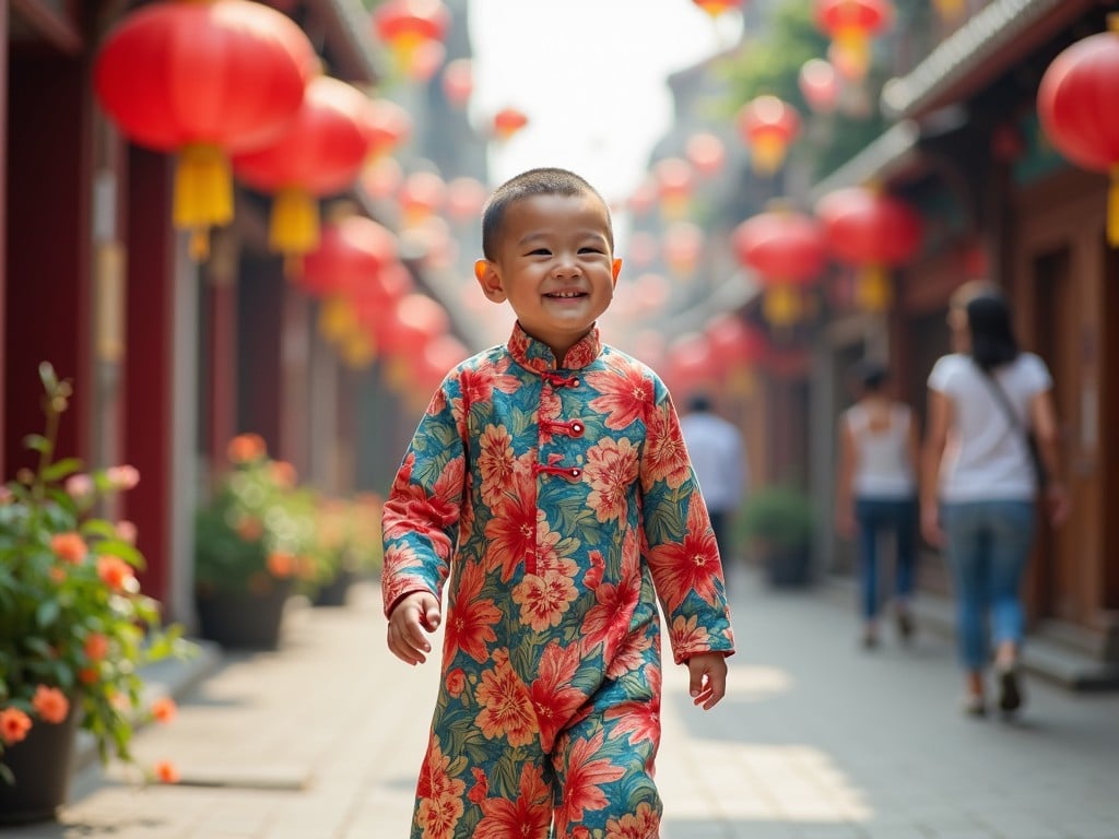 A young child in a colorful floral dress walks down a lantern-filled street, beaming with joy. The red lanterns hanging above and along the path add a festive atmosphere. The ambient daylight enhances the cheerful and vibrant setting, while blurred figures in the background suggest a busy street scene.