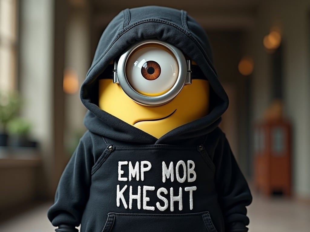 In this playful image, a familiar yellow, single-eyed character is dressed in a black hoodie with the phrase 'EMP MOB KHESHT' printed on the front. The character stands in a softly lit environment, likely indoors, with a blurred background that suggests a hallway or similar setting. The expression on the character's face conveys a sense of mischief and humor, typical of its charming and quirky nature.