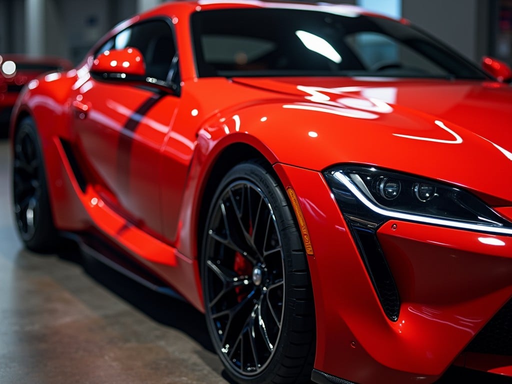 A striking red luxury sports car displayed in a showroom.