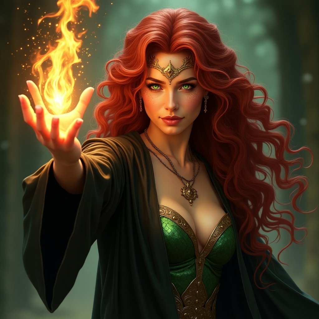 A captivating portrait of a stunning young sorceress with long ruby-red hair. She stands in a powerful pose, raising her arm to conjure a magical flame. Her emerald-green eyes sparkle with confidence as she gazes ahead. Surrounding her are golden dragon-like scales adorning her face, contrasting beautifully with her pale skin. Dressed in a fitted black leather robe, she radiates an aura of mystery and power. The dancing flame in her hand reflects an otherworldly glow, enhancing her magical presence. This character is a perfect blend of warrior and spellcaster, with intricate details that elevate her magnificence.