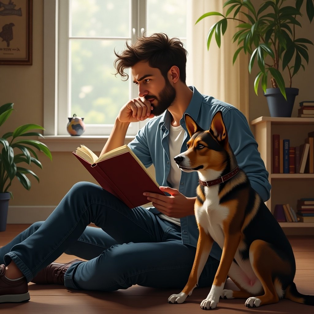 A man sits on the floor, deeply engrossed in reading a book. He has a thoughtful expression as he turns the page, reflecting his love for literature. Beside him, a loyal dog sits attentively, symbolizing companionship. The room is filled with natural light, highlighting the peaceful atmosphere. Plants and bookshelves in the background create a cozy home setting.