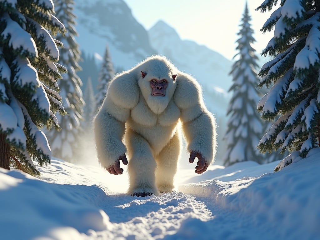 A large, muscular creature resembling a yeti is walking through a snowy landscape. The scene is set in a mountainous area with tall, snow-covered pine trees surrounding the path. The creature has fluffy white fur and a strong build, creating a majestic yet imposing presence. Sunlight filters through the mountains, casting a warm glow on the snow. There are deep footprints behind the creature, indicating its powerful movement through the snow. The atmosphere is serene and picturesque, showcasing the beauty of a winter wilderness.