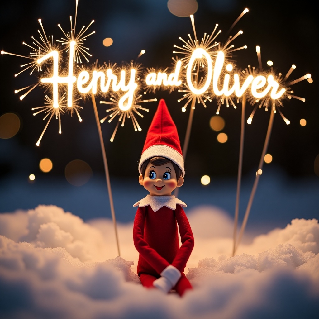 This image features a cheerful Elf on the Shelf seated in a snowy landscape at night. The elf is vividly dressed in a bright red outfit with a classic pointy hat. Surrounding the elf is soft, fluffy snow that enhances the winter wonderland theme. Above, the names 'Henry and Oliver' shimmer in the night sky, made from glowing sparklers. The scene radiates a magical and festive atmosphere, perfect for the holiday season. It embodies the joy and enchantment of Christmas.