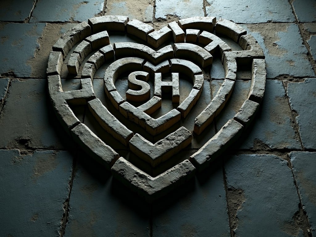 This image features a heart-shaped structure made of stone blocks, with the letters 'SH' prominently displayed at the center. The heart shape is formed by an intricate labyrinth-like arrangement of the stones, creating a maze pattern. The stones rest on a textured, aged surface, giving the image a rustic and enigmatic appearance.