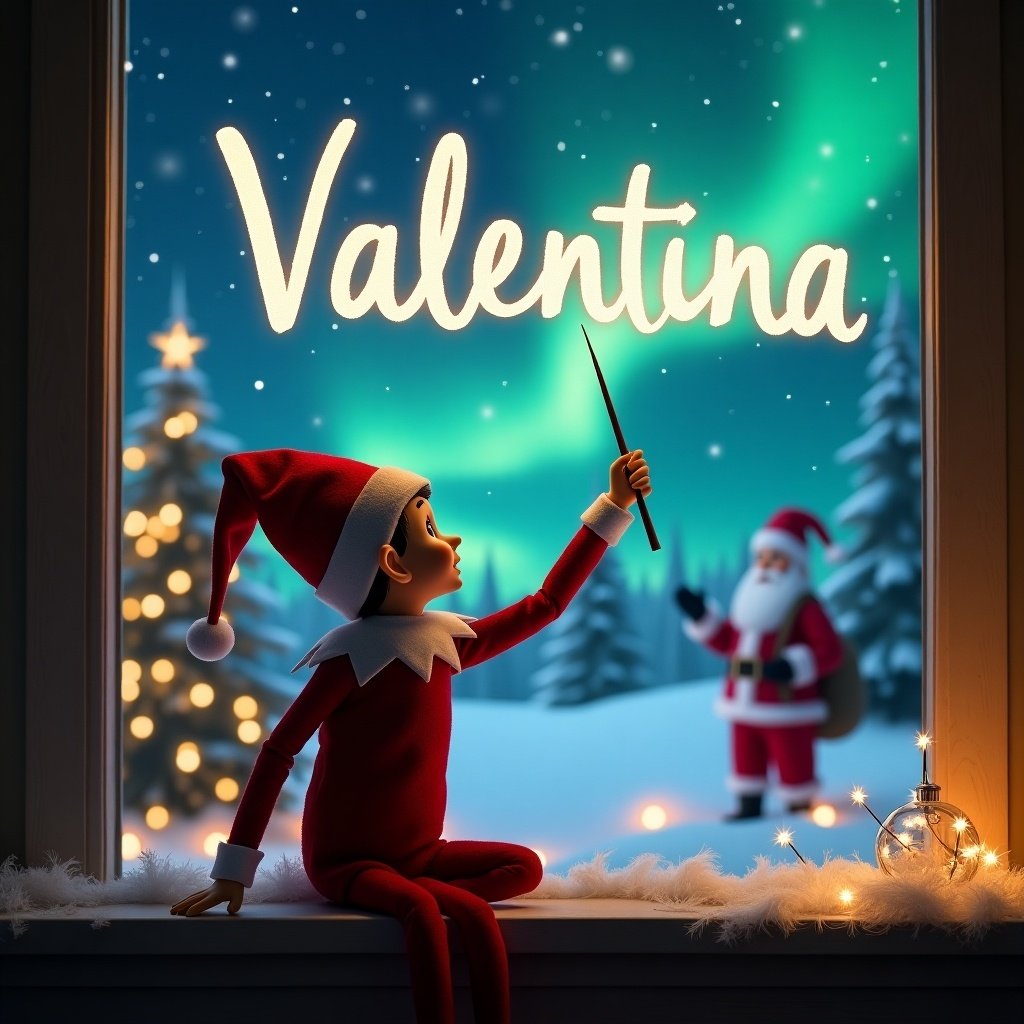 An elf on the shelf sits on a windowsill with its back to the viewer, facing a beautiful night sky. The elf is using a wand to elegantly write the name 'Valentina' in the air. Behind the elf, there is a magical Christmas scene with Santa in the background, surrounded by snow-covered trees and stars. The northern lights illuminate the sky, creating a whimsical atmosphere. The overall setting is festive and enchanting, perfect for the holiday season.