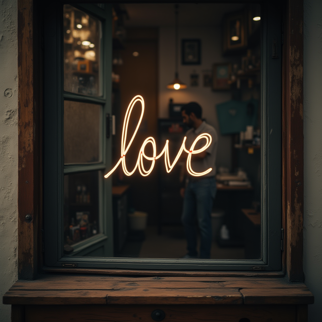 A glowing neon 'love' sign is displayed in a window, with a blurred figure inside the dimly lit room.